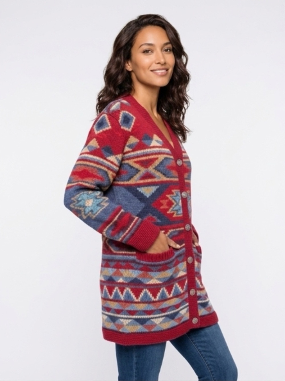 Coldwater Creek Red and Blue Geometric Cardigan